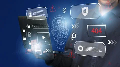 Deep fake technology demonstration with computer interface showing data and Stock-Fotos