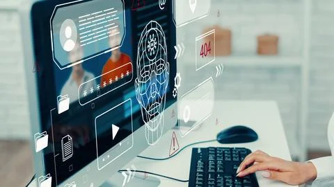 Deep fake technology displayed on a computer screen showing digital characters Stock Photos