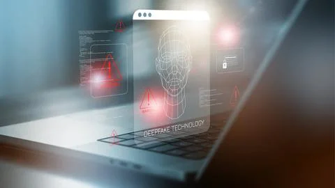Deep fake technology displayed on a laptop with warning alerts Stock Photos