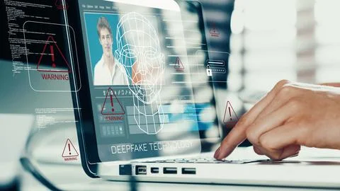 Deep fake technology displayed on a laptop screen showing a warning and a 스톡 사진