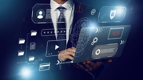 Deep fake technology displayed on a laptop with digital icons and alerts during Stock Photos