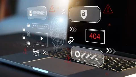 Deep fake technology displayed on a laptop with warning messages and security Stock Photos