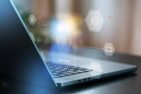 Deep fake technology displayed on a laptop showing a virtual face in a modern Stock Photos