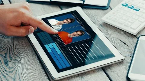 Deep fake technology displayed on a tablet with two faces side by side 写真素材