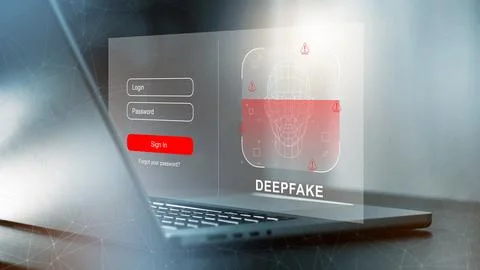 Deep fake technology on a laptop screen showing login fields and alert messages Stock Photos