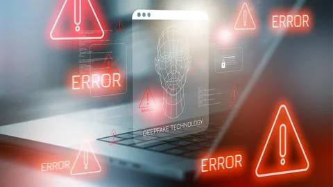 Deep fake technology raises concerns with error warnings on a computer screen Stock Photos