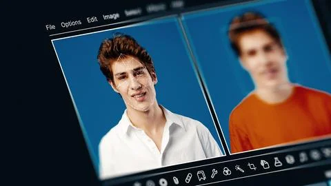 Deep fake technology showcases the transformation of a young man's face through Stock Photos