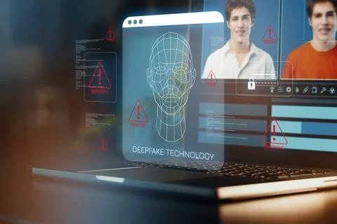Deep fake technology shown on a computer screen with warnings Stock Photos
