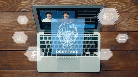 Deep fake technology shown on a laptop screen during a tech demonstration Stock Photos