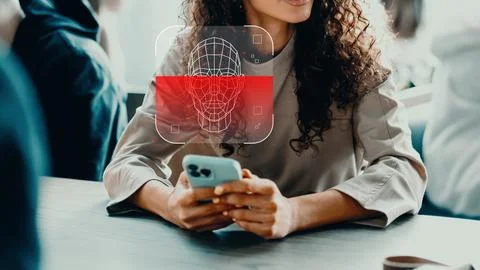Deep fake technology shown on a phone in a cafe setting Stock Photos