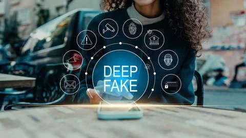 Deep fake technology is shown on a screen while a person sits at a table in a Stock Photos