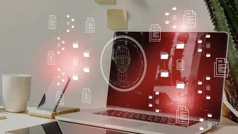 Deep fake technology shows data and facial graphics on a computer screen in a Stock Photos