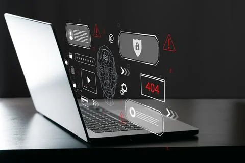 Deep fake technology shows data security warnings on a laptop screen Stock Photos