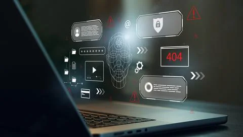 Deep fake technology shows a digital face overlayed on a laptop screen with 写真素材