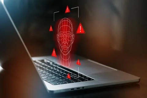 Deep fake technology shows a face with warning signs on a laptop Stock Photos