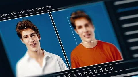 Deep fake technology shows two images of a person with different clothes and 写真素材