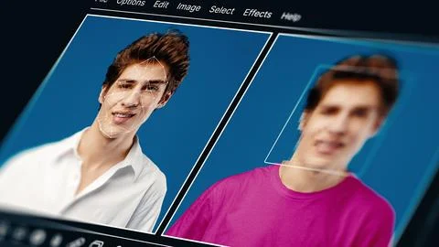 Deep fake technology shows two images of a person with different styles and Stock Photos