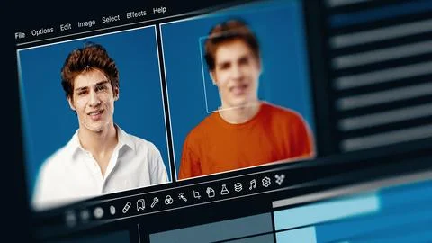 Deep fake technology shows a user editing a face to create a new digital Stock Photos