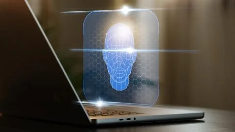 Deep fake technology shows a virtual face animation on a laptop screen 写真素材