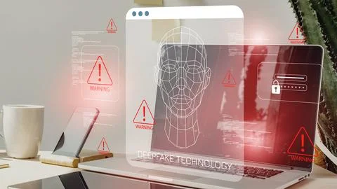 Deep fake technology shows warning signs on a computer screen with various Stock Photos