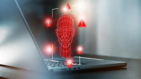 Deep fake technology shows warning symbols on a laptop screen with a digital Stock Photos