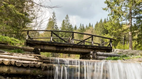 Deep in the forest, time lapse, forest scene - small wood bridge over creek Stock Footage 37811863