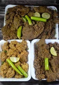 Deep fried beef liver slices, beef liver covered with wheat bran, (Kebda Be.. Stock Photos