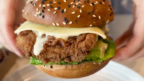 Deep-fried boneless Korean chicken burger with sweet buns Stock Footage 308835908