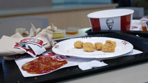 Deep Fried Chicken Nuggets with Ketchup Sauce on Fast Food Tray Stock Footage 338232254