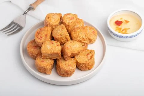Deep Fried Chicken Roll in a white plate Stock Photos