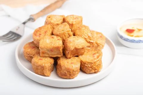 Deep Fried Chicken Roll in a white plate Stock Photos