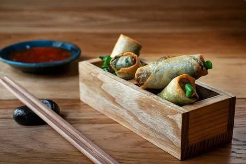 Deep fried chinese spring rolls spring rolls with sweet chili sauce. Asian ap Stock Photos