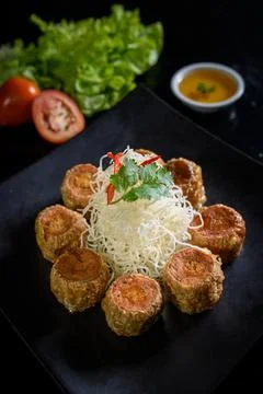Deep Fried Crab meat roll, Hoi Jo, Crab meat. Stock Photos