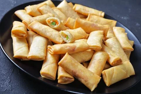 Deep fried crispy chinese spring rolls, closeup Stock Photos