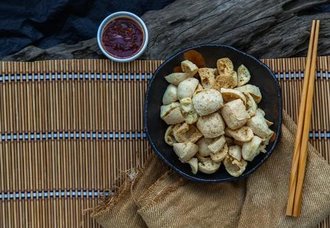 Deep fried crispy tofu or Fried bean curd Served with Sweet and Sour spicy. Stock Photos