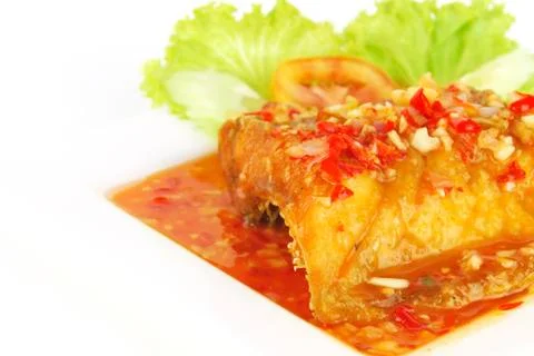 Deep fried fish meat with sweet and sour chili sauce Stock Photos