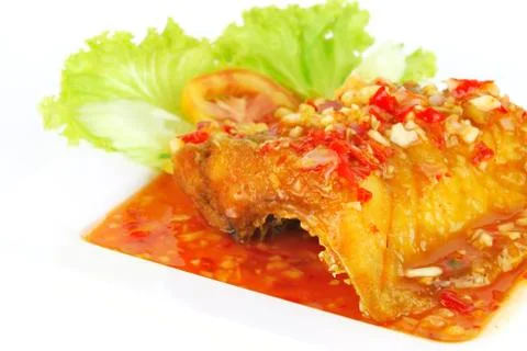 Deep fried fish meat with sweet and sour chili sauce Stock Photos