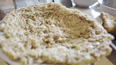 Deep fried golden brown omelette Stock Footage 345638894