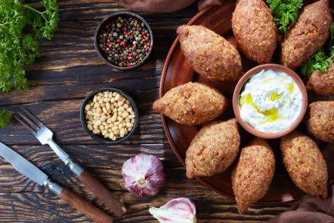 Deep fried kibbeh of ground beef meat Stock Photos