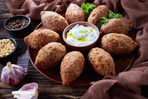Deep fried kibbeh of ground beef meat Stock Photos