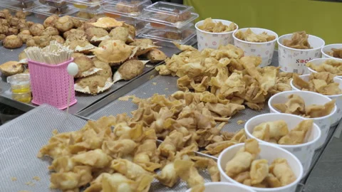 Deep fried meat and fish balls and other types of Asian street food Stock Footage 204966566