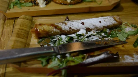 Deep fried pate filled pancake on plate. pancake rolls with pate in a crispy bre 스톡 동영상 123370481