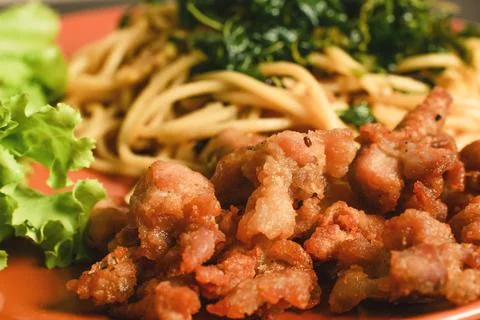 Deep fried pork with spaghetti Stock Photos