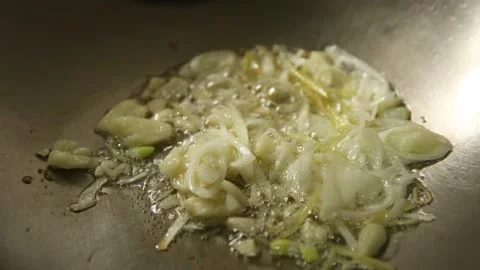 Deep fried scallion oil in stainless steel pot (2) Stock Footage 202155922