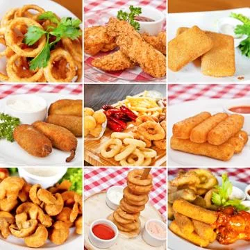 Deep-fried snacks collage Stock Photos