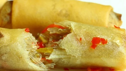 Deep fried spring rolls , close up in studio Stock Footage 98086126