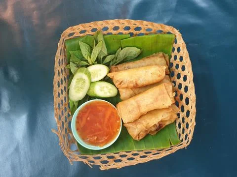 Deep fried spring rolls , popia. Malaysian, Asian traditional dessert, hot &amp; Stock Photos