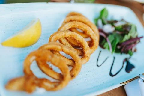 Deep fried squid or octopus calamari rings with salad and lemon in a white plate Stock Photos