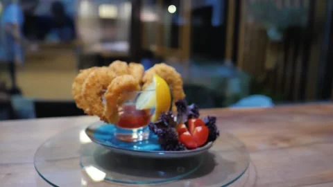 Deep-fried tiger prawns with olives with red sauce Stock Footage 201965335