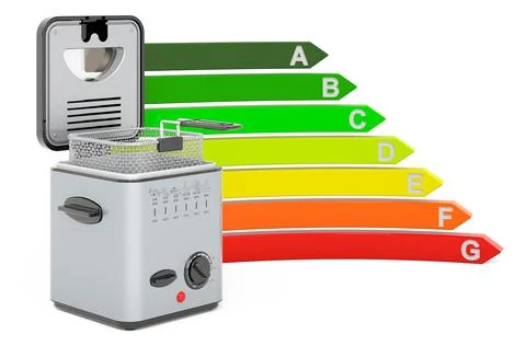 Deep fryer with energy efficiency chart, 3D rendering Stock Illustration